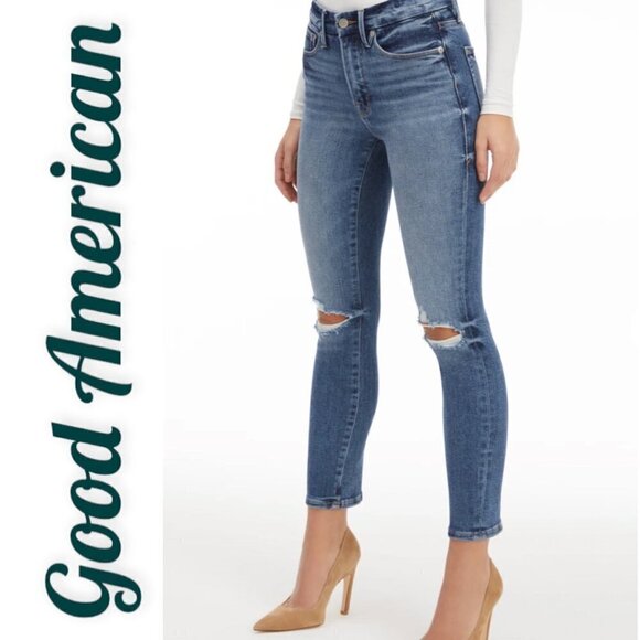 GOOD AMERICAN Good Legs Cigarette High Rise Busted Knee Distressed Jeans, Size 4 - Picture 7 of 13
